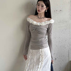 New One Shoulder Mesh Ballet Top with Long Sleeves and French Flower Edge-Casual Fashion - The Artisan's Wardrobe