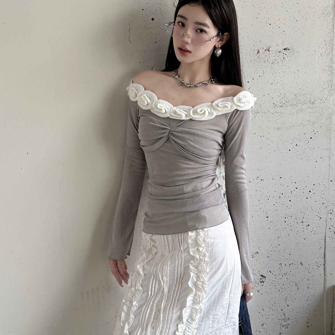 New One Shoulder Mesh Ballet Top with Long Sleeves and French Flower Edge-Casual Fashion - The Artisan's Wardrobe