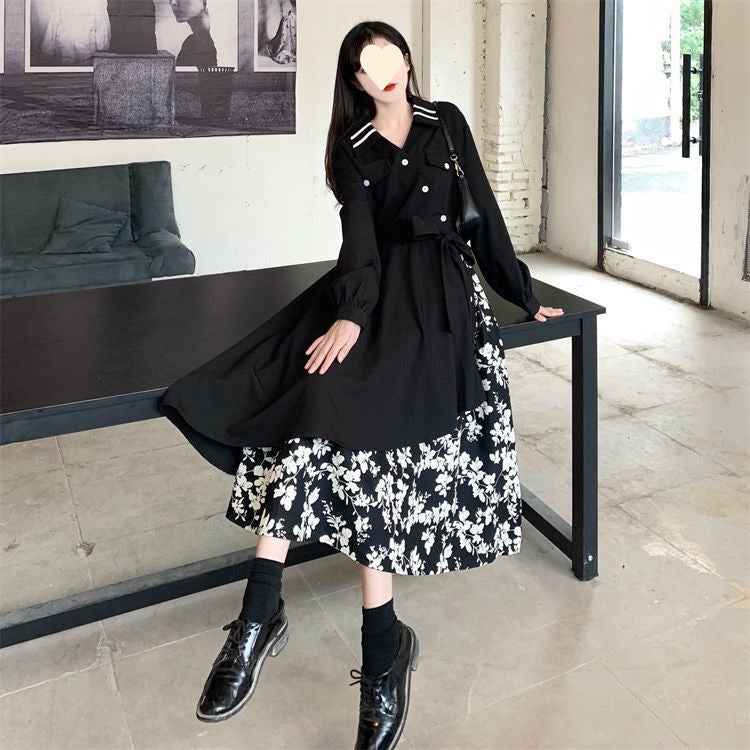 Retro Plus-Size Floral Flare Dress with Waist-Cinching Spliced Design and Irregular Hemline-Casual Fashion - The Artisan's Wardrobe