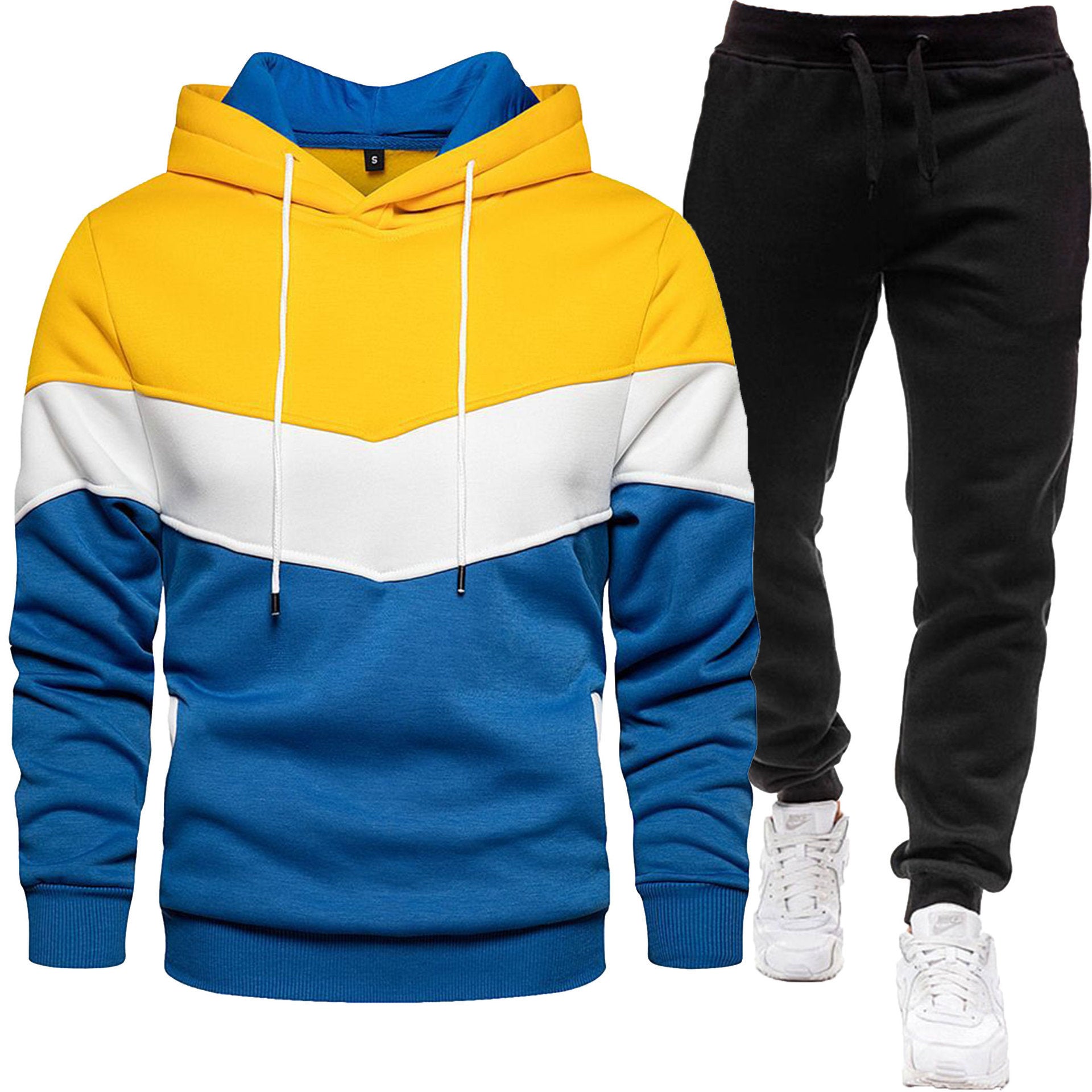 Men's three color hoodie sports suit, fashionable and casual, spring and autumn splicing hooded top, long pants two-piece set-Casual Fashion - The Artisan's Wardrobe