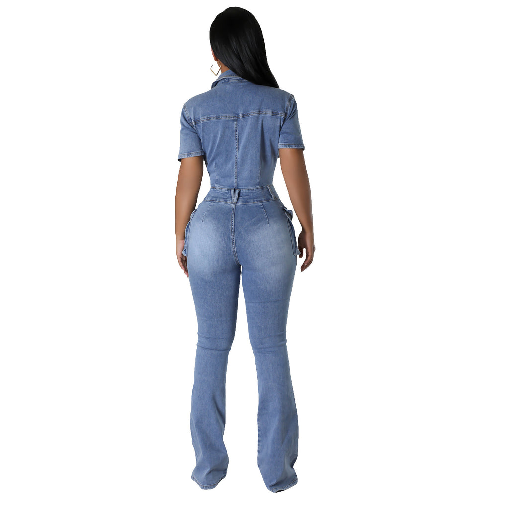European and American Slim Fit Denim Jumpsuit with Elastic Flared Pants in Flower Washed Design-Casual Fashion - The Artisan's Wardrobe