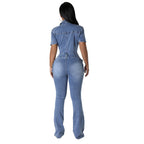 European and American Slim Fit Denim Jumpsuit with Elastic Flared Pants in Flower Washed Design-Casual Fashion - The Artisan's Wardrobe