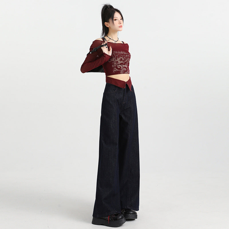 Wide Leg Jeans for Women High Waist Slim Fit Straight Loose Cuffed Floor-Length Pants