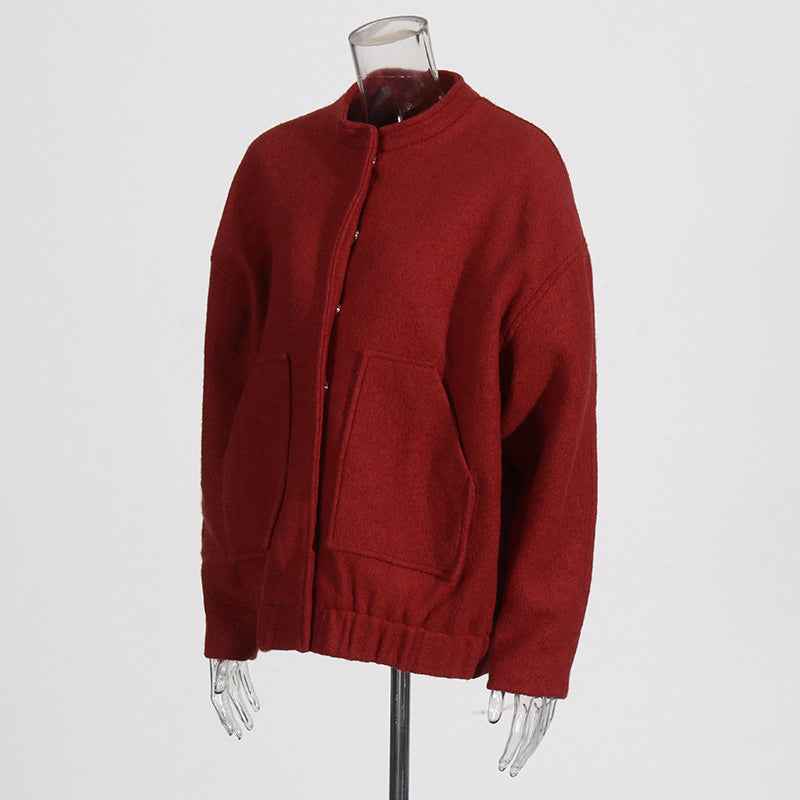 Minimalist Woolen Baseball Jacket for Women - Long Sleeved Slim Fit Stand Up Collar-Casual Fashion - The Artisan's Wardrobe