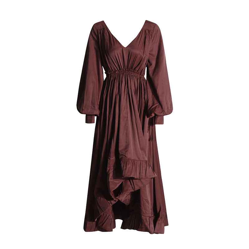 Fashionable V-neck Lantern Sleeve Dress with Elegant Pleated Lotus Leaf Edges for Women-Casual Fashion - The Artisan's Wardrobe