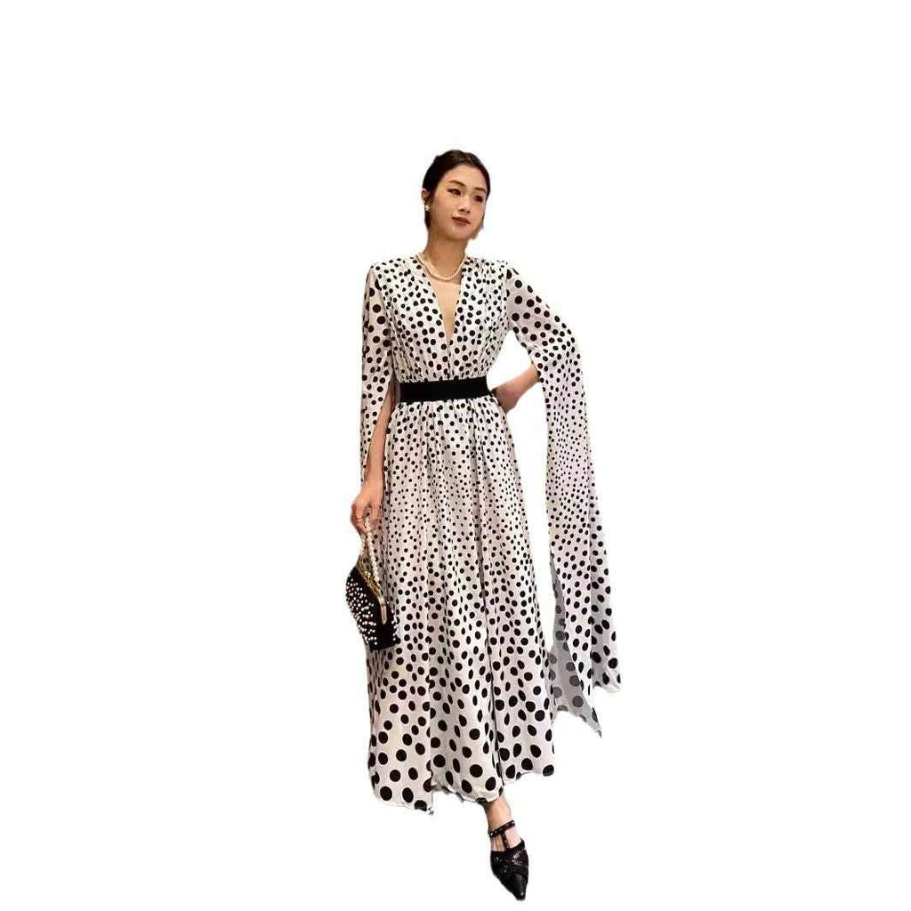 V-neck Polka Dot Dress with Slit - Long Sleeve Long Skirt Women's Dress-Casual Fashion - The Artisan's Wardrobe