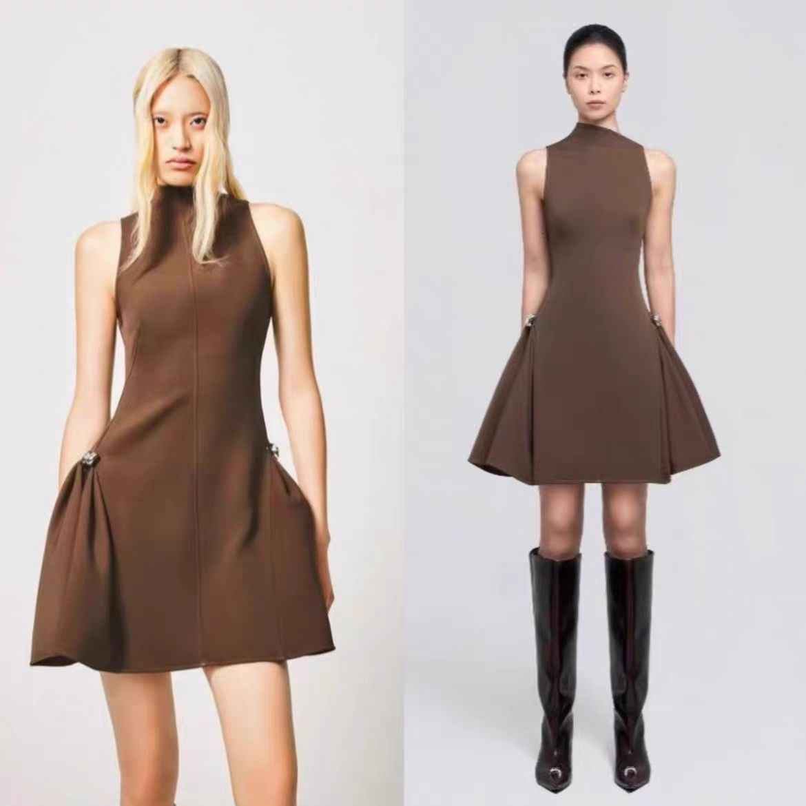 Metal Buckle Pleated Dress with Waist Cinching and Symmetrical Short Skirt