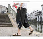 Summer New Chinese Style Men Beach Pants - Embroidered Snowflake Ice Silk Capris with Wide Leg Design-Casual Fashion - The Artisan's Wardrobe