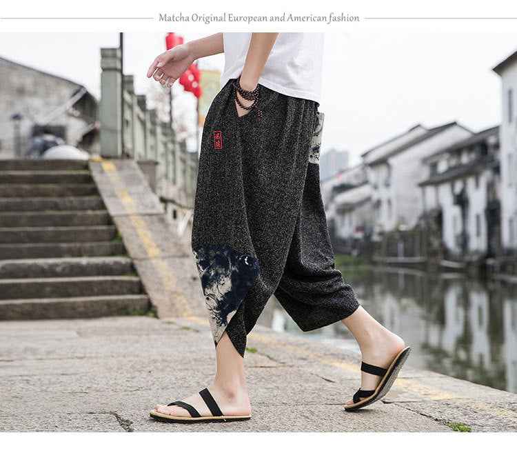 Summer New Chinese Style Men Beach Pants - Embroidered Snowflake Ice Silk Capris with Wide Leg Design-Casual Fashion - The Artisan's Wardrobe
