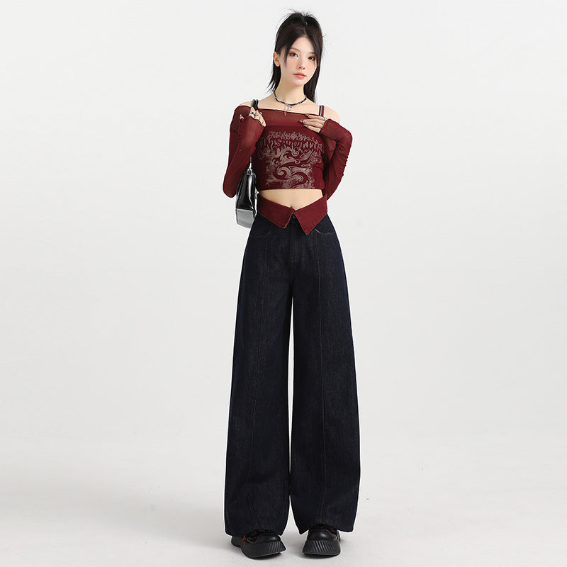 Wide Leg Jeans for Women High Waist Slim Fit Straight Loose Cuffed Floor-Length Pants