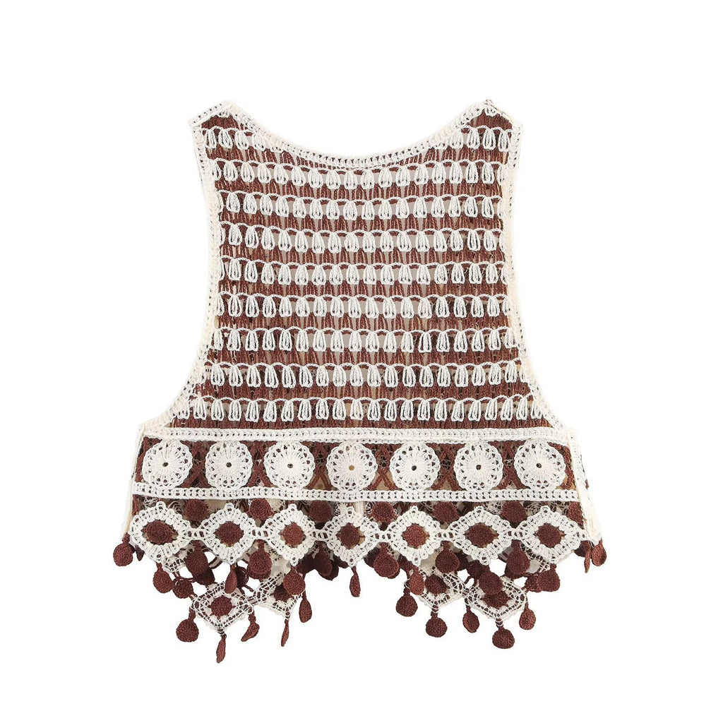 Deep V-Neck Tassel Vest for Women - Stylish Sleeveless Knit Top for Summer-Casual Fashion - The Artisan's Wardrobe