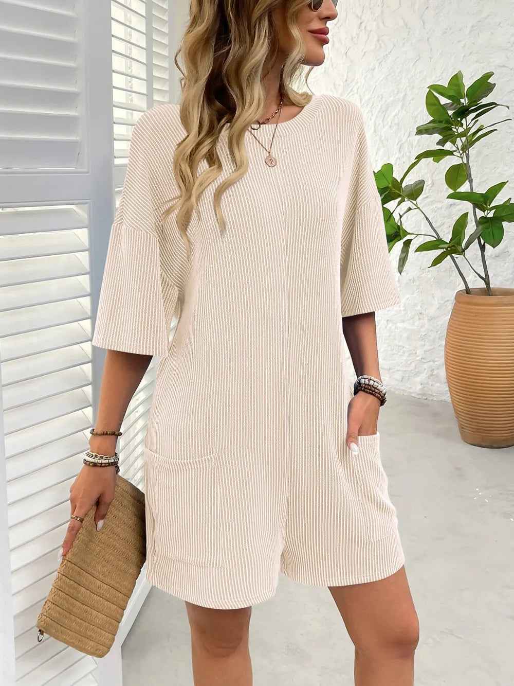 Backless Textured Romper with Round Neck and Half Sleeves for a Trendy Style-Casual Fashion - The Artisan's Wardrobe