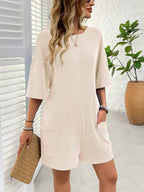 Backless Textured Romper with Round Neck and Half Sleeves for a Trendy Style-Casual Fashion - The Artisan's Wardrobe