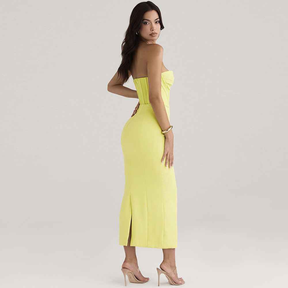 Solid Color Strapless Fishbone Back Dress with Slit - Tight and Sexy Fit-Casual Fashion - The Artisan's Wardrobe