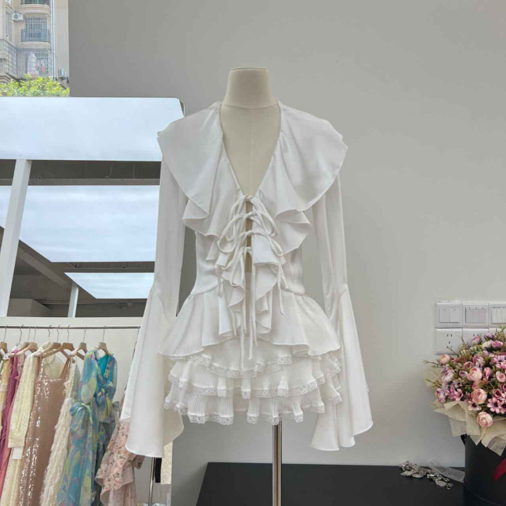 Girl Satin Shirt and Skirt Set - Long Sleeve Lace Horn Top with Folded Cake Half Skirt for Autumn-Casual Fashion - The Artisan's Wardrobe