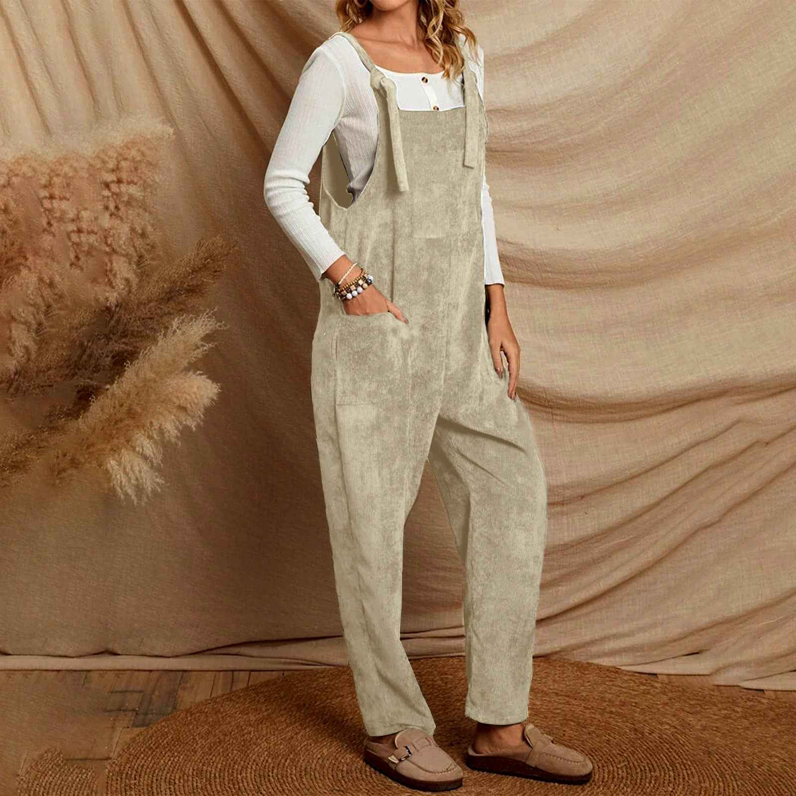 Corduroy Shoulder Strap Jumpsuit with Multi Pockets-Casual Fashion - The Artisan's Wardrobe