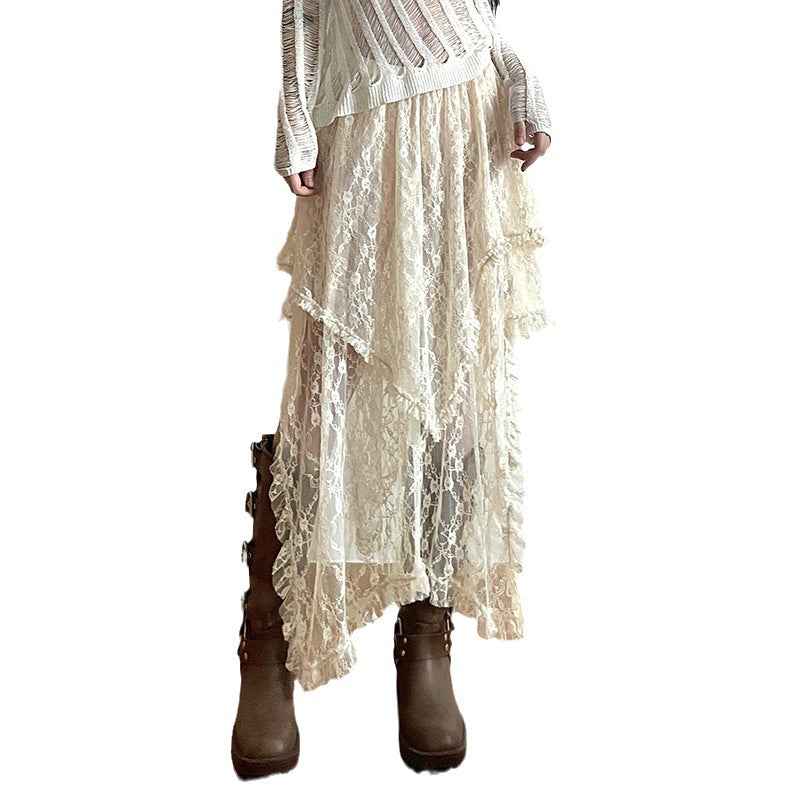 Leisure Vacation Style Low Waist Lace Half Skirt - Double Layered Irregular Design for Women-Casual Fashion - The Artisan's Wardrobe