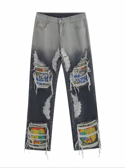 High Street Damaged Water Wash Jeans for Men with Heavy Industry Embroidery and Broken Holes - Loose Straight Tube Blast Street Pants-Casual Fashion - The Artisan's Wardrobe