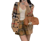 Classic plaid knitted cardigan jacket for women loose fit sweater for women single breasted top for women-Casual Fashion - The Artisan's Wardrobe