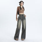 Wide-Leg Jeans Women's New Washed High-Waisted Loose Distressed Straight Leg Floor-Length Pants
