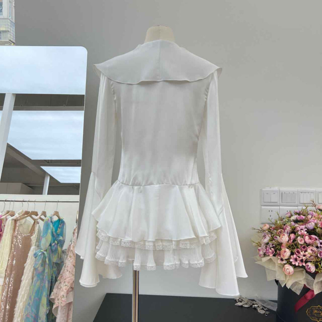 Girl Satin Shirt and Skirt Set - Long Sleeve Lace Horn Top with Folded Cake Half Skirt for Autumn-Casual Fashion - The Artisan's Wardrobe