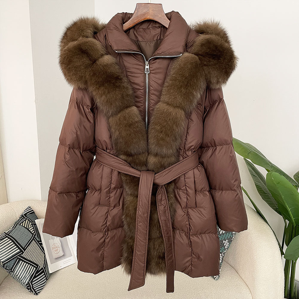 Hooded Down Jacket with Fox Fur Collar for Women-Casual Fashion - The Artisan's Wardrobe