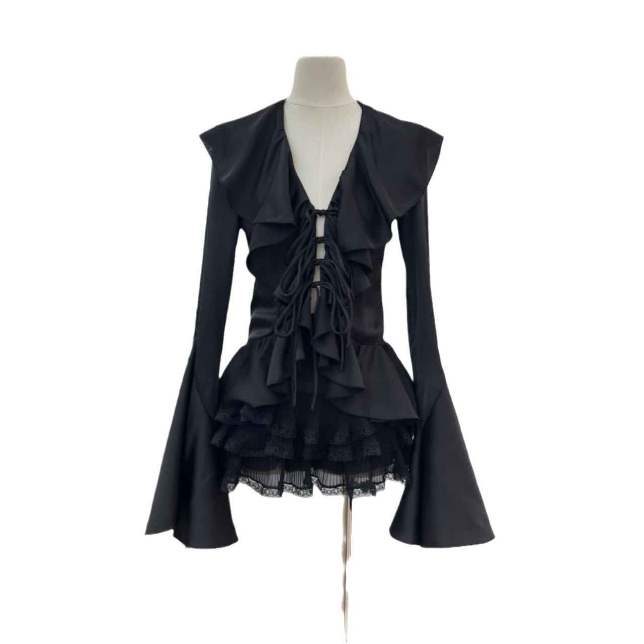 Girl Satin Shirt and Skirt Set - Long Sleeve Lace Horn Top with Folded Cake Half Skirt for Autumn-Casual Fashion - The Artisan's Wardrobe