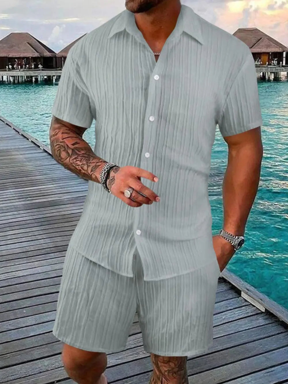 Men's Plus Size Short Sleeve Shirt and Shorts Set in Full Size-Casual Fashion - The Artisan's Wardrobe