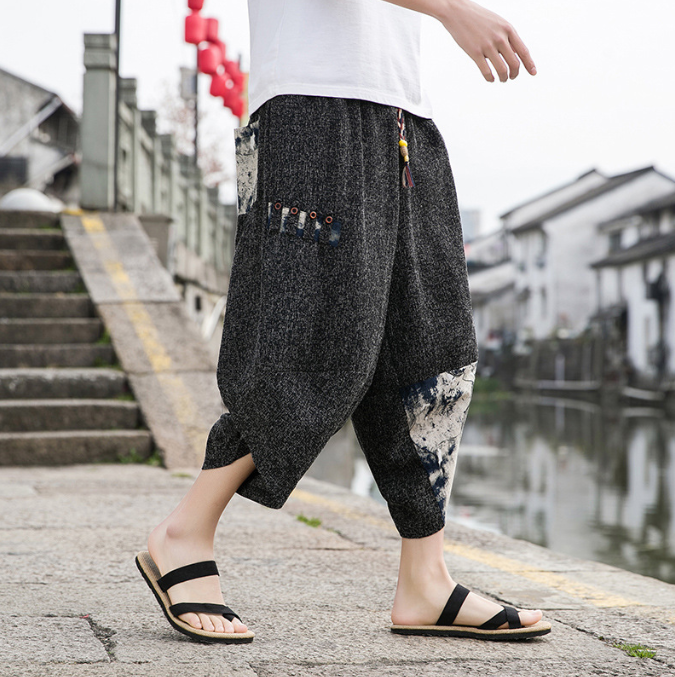 Summer New Chinese Style Men Beach Pants - Embroidered Snowflake Ice Silk Capris with Wide Leg Design-Casual Fashion - The Artisan's Wardrobe
