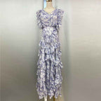 Vacation Style Light Colored V-Neck Lace Dress with Irregular Flying Sleeves and Pleated Design-Casual Fashion - The Artisan's Wardrobe