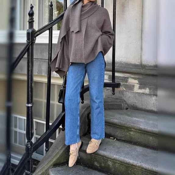 Asymmetric Shawl Cardigan Knitted Sweater Gray Long Sleeved Scarf-Casual Fashion - The Artisan's Wardrobe