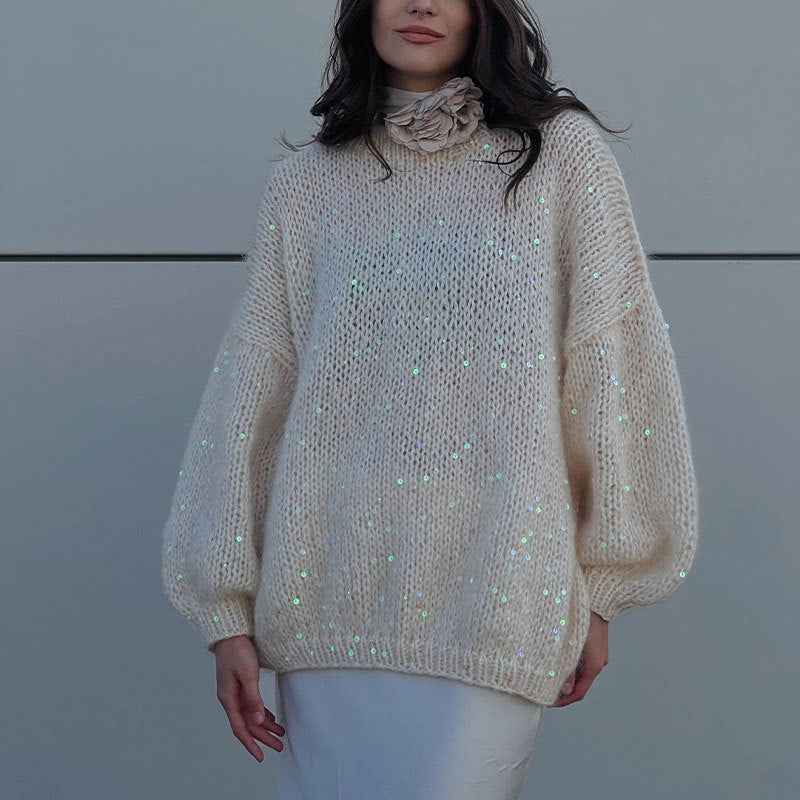 Fashionable sequined sweater, loose round neck lantern sleeve head, knitted sweater-Casual Fashion - The Artisan's Wardrobe