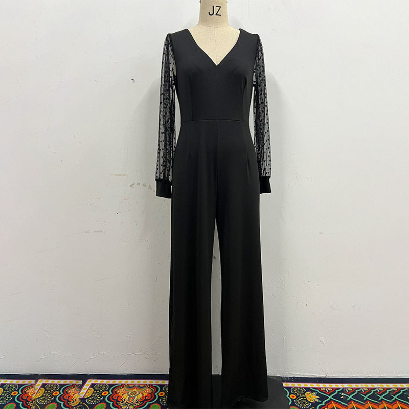 Mesh Sleeve V-Neck Jumpsuit with Cinched Waist for a Slimming Fit-Casual Fashion - The Artisan's Wardrobe