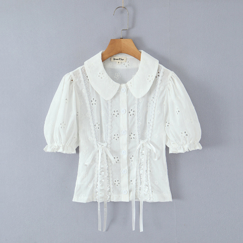 Doll Collar Embroidered Bubble Sleeve Top with Hollowed Out Design-Casual Fashion - The Artisan's Wardrobe