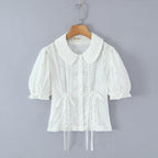 Doll Collar Embroidered Bubble Sleeve Top with Hollowed Out Design-Casual Fashion - The Artisan's Wardrobe