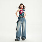 High Street Patchwork Wide Leg Pants Spring  Loose Washed Straight Leg Jeans for Women