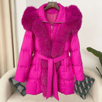 Hooded Down Jacket with Fox Fur Collar for Women-Casual Fashion - The Artisan's Wardrobe
