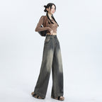 Wide-Leg Jeans Women's New Washed High-Waisted Loose Distressed Straight Leg Floor-Length Pants
