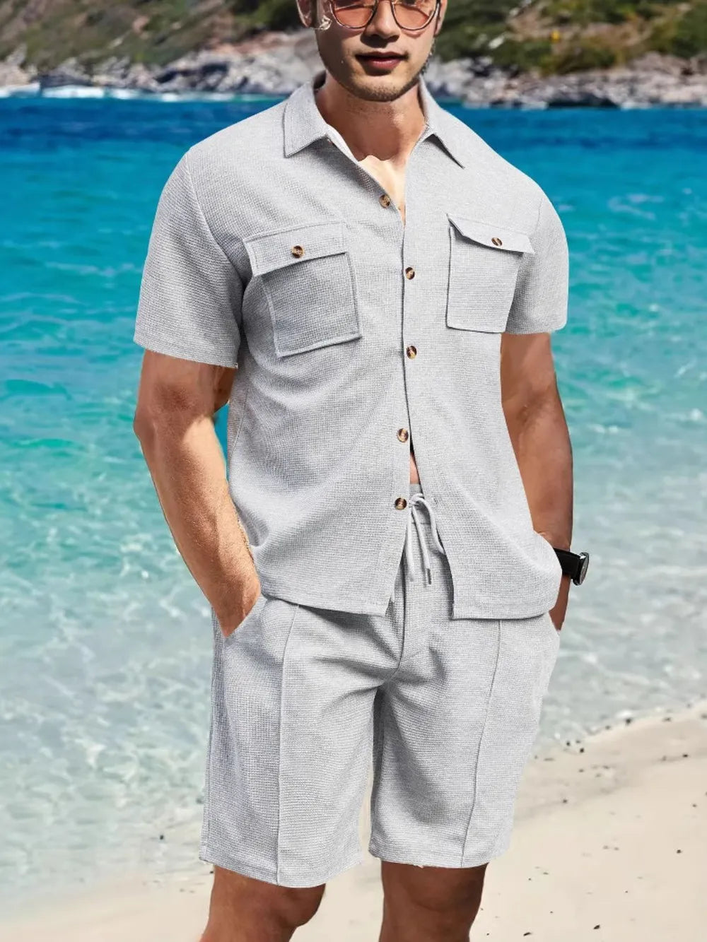 Men's Plus Size Button Down Set: Short Sleeve Top and Shorts Combo-Casual Fashion - The Artisan's Wardrobe