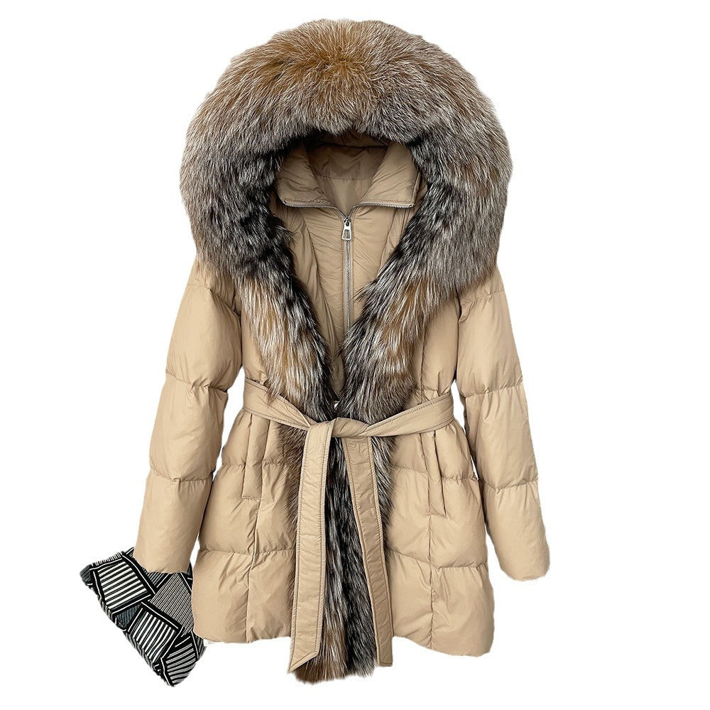 Hooded Down Jacket with Fox Fur Collar for Women-Casual Fashion - The Artisan's Wardrobe
