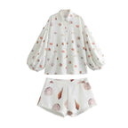 Fashion Shell Printed Long Sleeve Women's Casual Printed Shirt Set with Splicing Shorts-Casual Fashion - The Artisan's Wardrobe