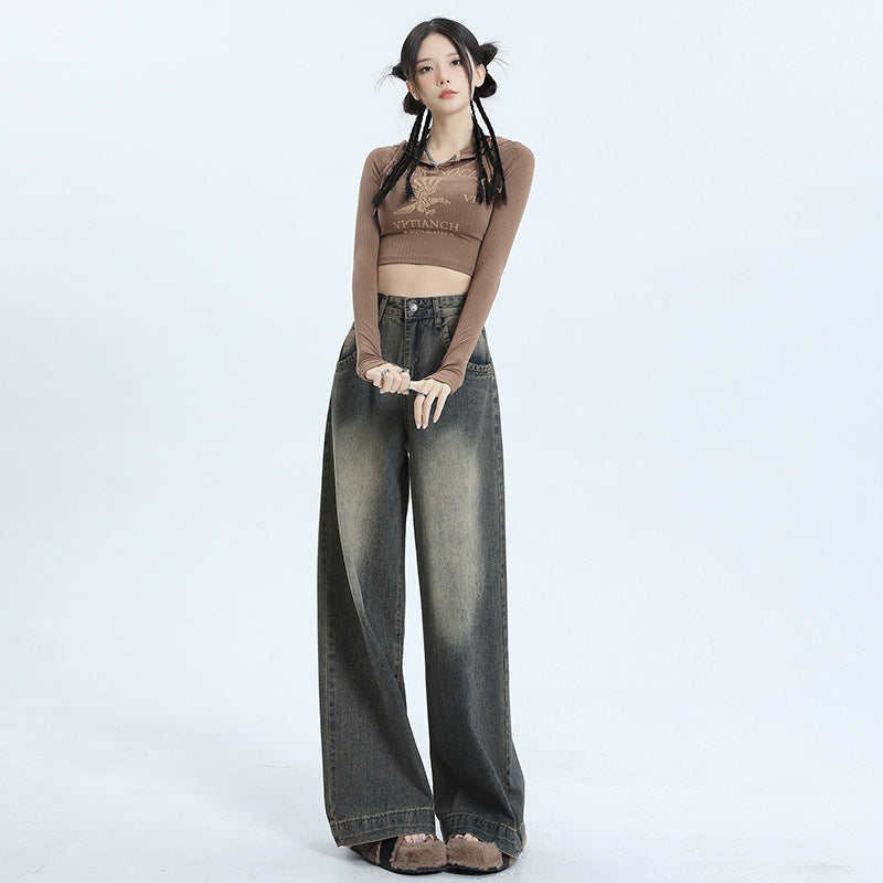 Wide-Leg Jeans Women's New Washed High-Waisted Loose Distressed Straight Leg Floor-Length Pants