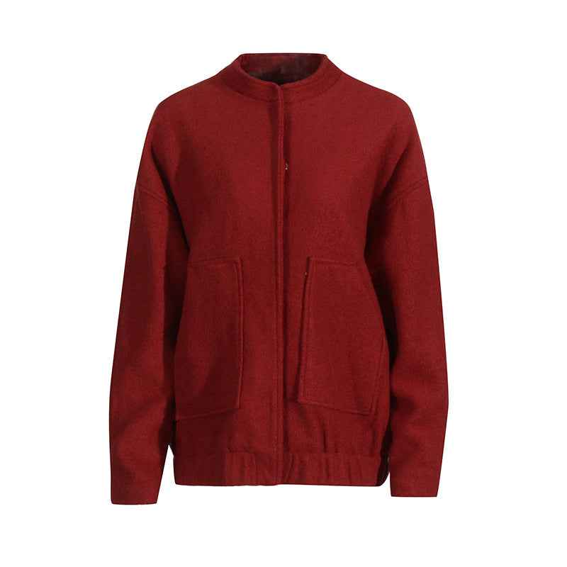 Minimalist Woolen Baseball Jacket for Women - Long Sleeved Slim Fit Stand Up Collar-Casual Fashion - The Artisan's Wardrobe