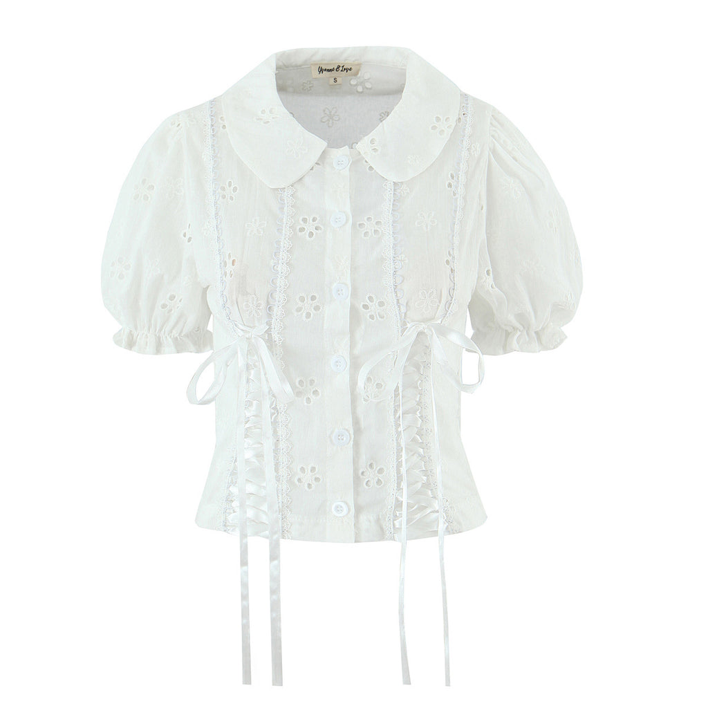 Doll Collar Embroidered Bubble Sleeve Top with Hollowed Out Design-Casual Fashion - The Artisan's Wardrobe