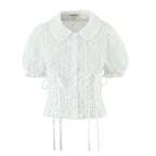 Doll Collar Embroidered Bubble Sleeve Top with Hollowed Out Design-Casual Fashion - The Artisan's Wardrobe