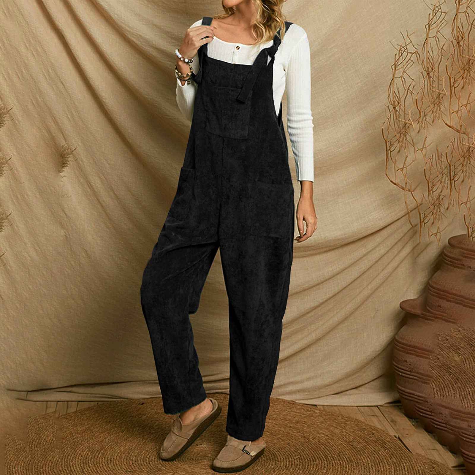 Corduroy Shoulder Strap Jumpsuit with Multi Pockets-Casual Fashion - The Artisan's Wardrobe