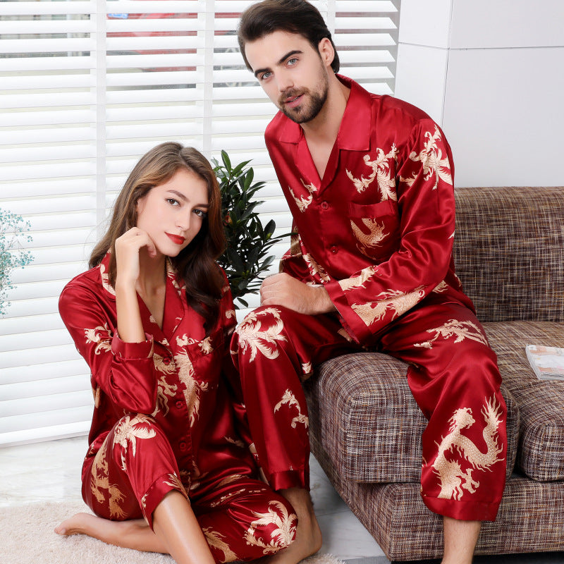 Silk Couple Sleepwear Long Sleeved Set with Dragon and Phoenix Print for Men and Women-Casual Fashion - The Artisan's Wardrobe