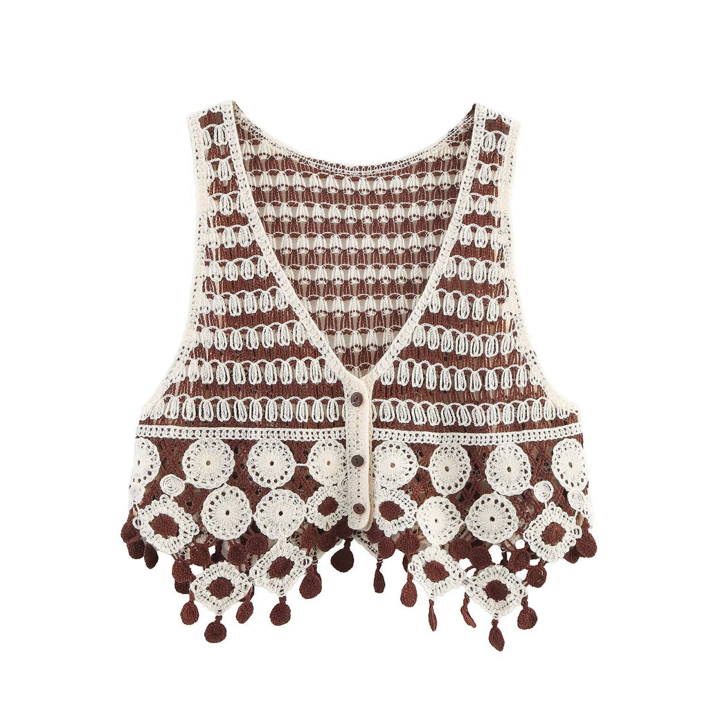 Deep V-Neck Tassel Vest for Women - Stylish Sleeveless Knit Top for Summer-Casual Fashion - The Artisan's Wardrobe