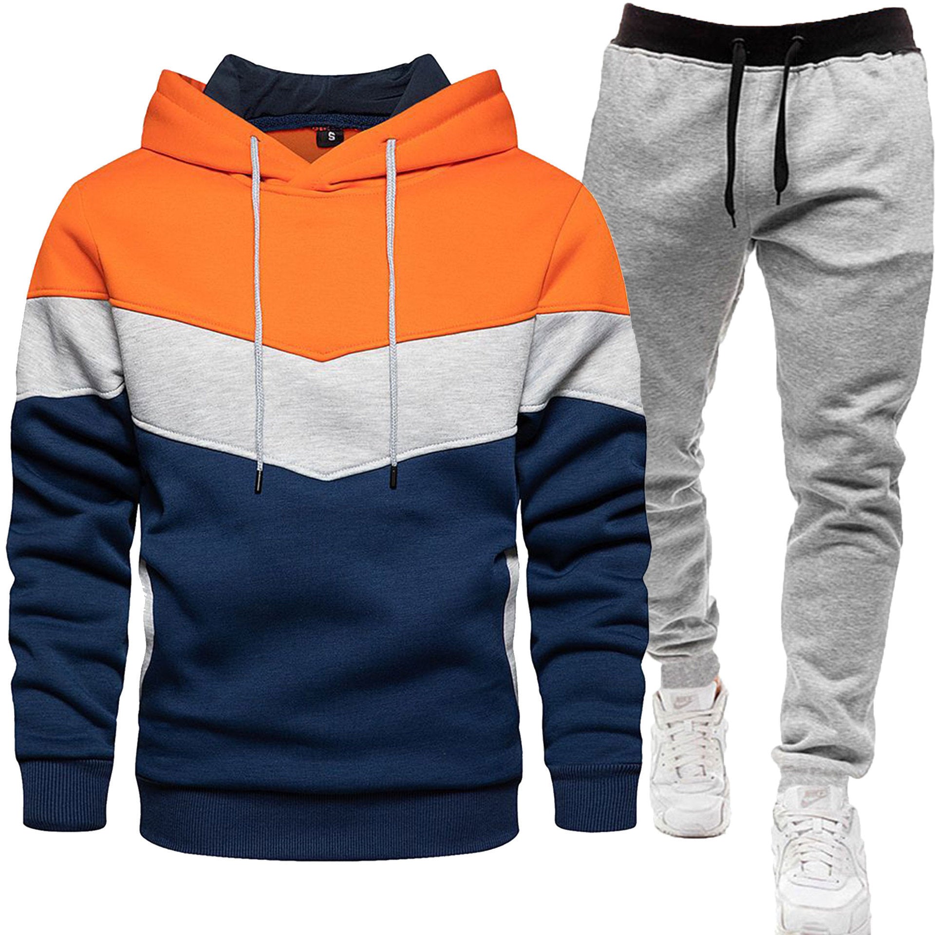 Men's three color hoodie sports suit, fashionable and casual, spring and autumn splicing hooded top, long pants two-piece set-Casual Fashion - The Artisan's Wardrobe