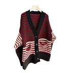 V-neck Red Striped Cardigan - Thick Knitted Sweater with Lazy Style and Loose Fit-Casual Fashion - The Artisan's Wardrobe